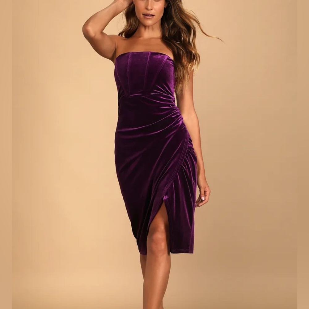 Lulu’s Glam Celebrations Dark Purple Velvet Strapless Tulip Dress Size Medium